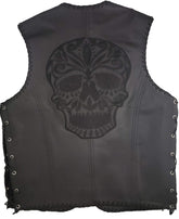 Men's V Neck Leather Skull Motorcycle Vest with Fish Hooks